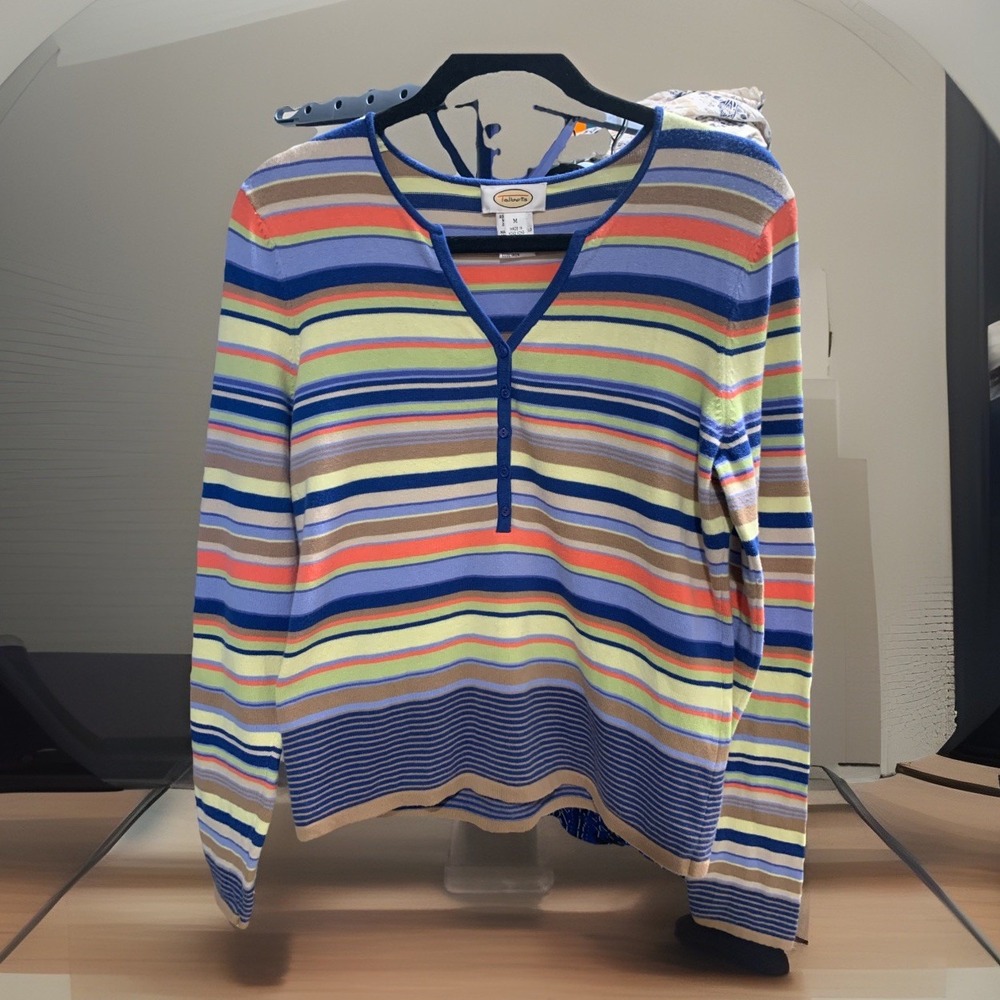 VTG Talbots Button V-Neck Striped Pullover‎ Sweater Made In Hong Kong Womens Med